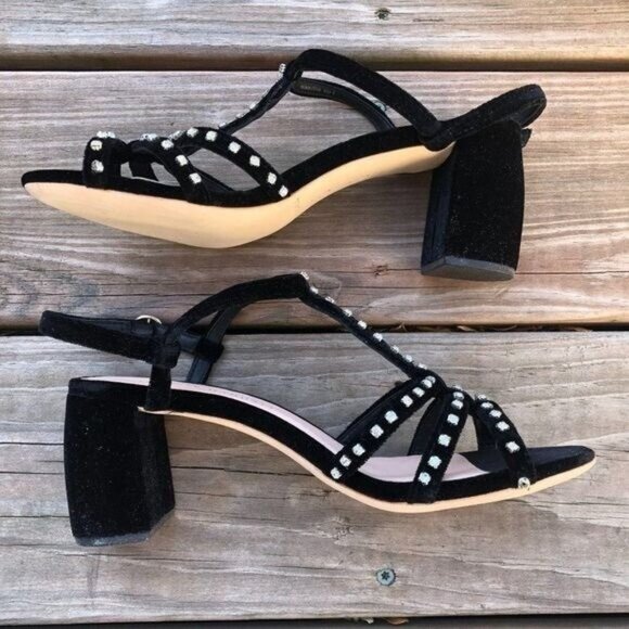 LOEFFLER RANDALL Elena Crystal-Embellished Sandals Heels Black Velvet Size 6 - Picture 3 of 7